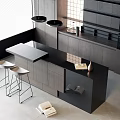 Modern Kitchen Bar Counter With Black Countertop Light Stools And Dark Cabinets 3d model