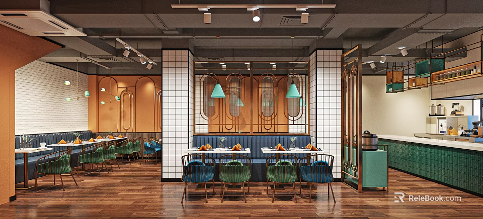 Modern Restaurant Interior With Teal Chairs Banquette Seating Wooden Flooring And Copper Accents 3d model 