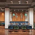 Modern Restaurant Interior With Teal Chairs Banquette Seating Wooden Flooring And Copper Accents