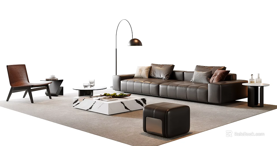 Modern Grey Leather Sofa and Marble Coffee Table Set with Throw Pillows and Floor Lamp 3d model 
