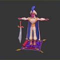 Animated 3D Character In White Outfit Blue Cape Feather Hat And Sword On Purple Carpet