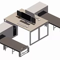 Modern Work Desk With Computer Monitor Keyboard Mouse And Storage Cabinets