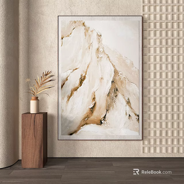 Marble Texture Artwork With Wooden Stand Plant Vase And Grid Patterned Wall 3d model