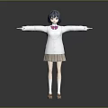 Child With Blue Gray Hair White Sweater Pink Bow Brown Pleated Skirt Arms Outstretched