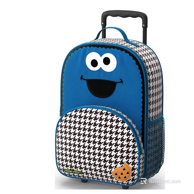 Blue Trolley Backpack Featuring Cartoon Smiley Face And Houndstooth Pattern Design 3d model 