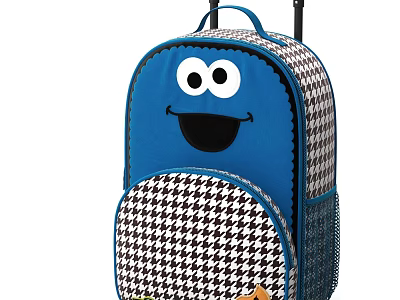 Blue Trolley Backpack Featuring Cartoon Smiley Face And Houndstooth Pattern Design 3d model