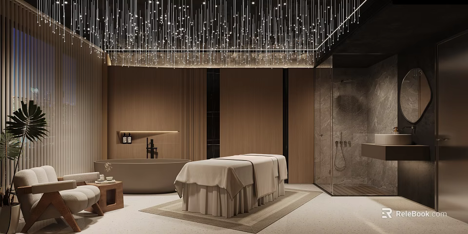 Luxury SPA Interior With Massage Table Bathtub And Starry Ceiling 3d model 