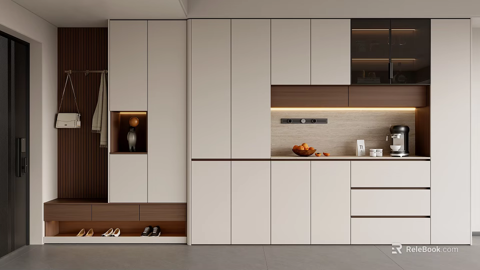 Modern Minimalist Cream Tone Entryway Shoe Cabinet With Ample Storage Display Nook And Warm Lighting 3d model 