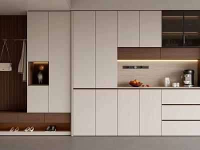 Modern Minimalist Cream Tone Entryway Shoe Cabinet With Ample Storage Display Nook And Warm Lighting 3d model