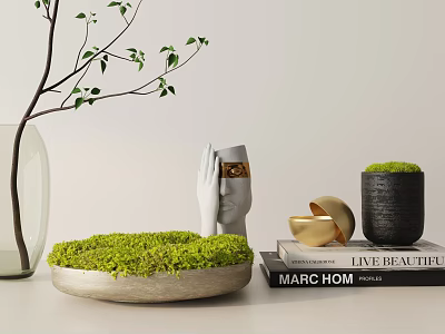 Stylish Decorative Ornament Combination With Moss Bowl Glass Vase Hand Sculpture And Books 3d model