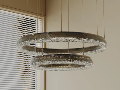 Modern Double Layered Circular Crystal Chandelier in Interior With Window Blinds 3d model
