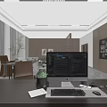 Modern Office Interior Design With Marble Floor Large Windows Desk And Sofa 3d model