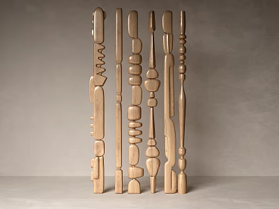 Abstract Wooden Sculpture Carvings With Various Shaped Columns Against Gray Background 3d model