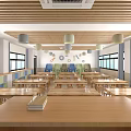 School Cafeteria Interior Featuring Wooden Tables Stools Bright Windows And Pendant Lights