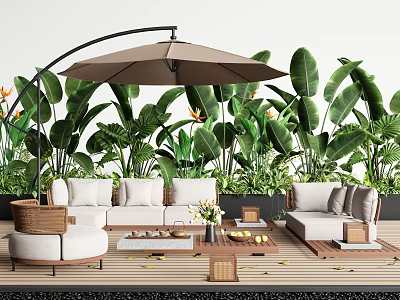 Outdoor Sofa Set With Patio Umbrella And Lush Green Plants On Wooden Deck 3d model