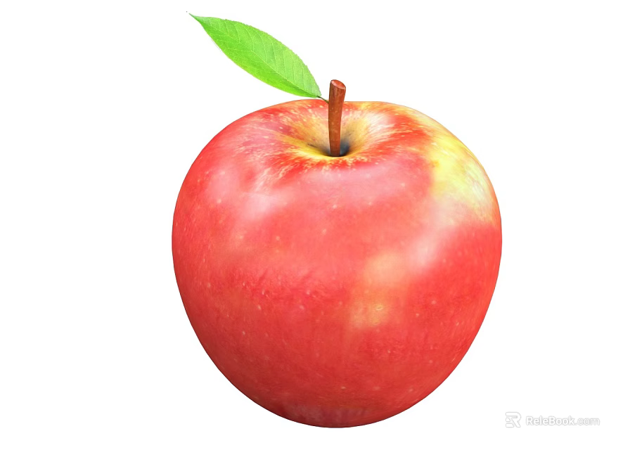 Juicy Fresh Ripe Red Apple With Green Leaf And Brown Stem 3d model 