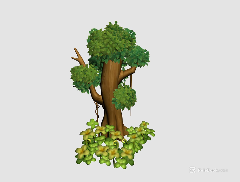 Lush Green Tree With Thick Trunk And Surrounding Low Lying Green Plants 3d model