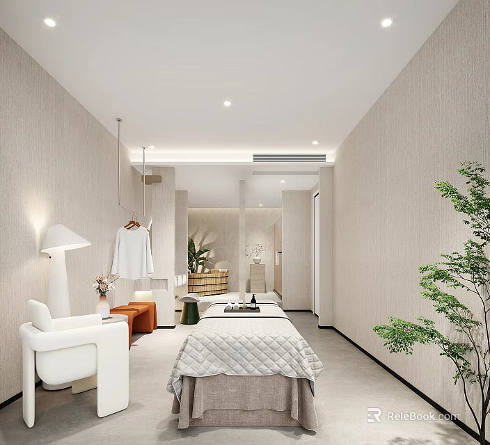 Modern SPA Sauna Interior Design With Massage Bed White Chair Hanging Robe And Green Plant 3d model 