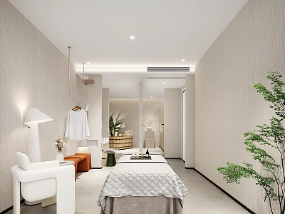 Modern SPA Sauna Interior Design With Massage Bed White Chair Hanging Robe And Green Plant 3d model