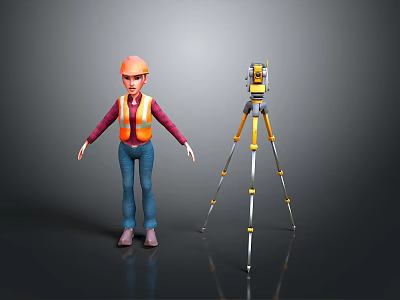 Construction Worker In Safety Helmet And Reflective Vest With Surveying Instrument On Tripod 3d model