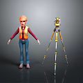 Construction Worker In Safety Helmet And Reflective Vest With Surveying Instrument On Tripod