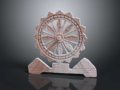 Intricate Stone Wheel Sculpture With Mountain Shaped Base And Detailed Patterns 3d model