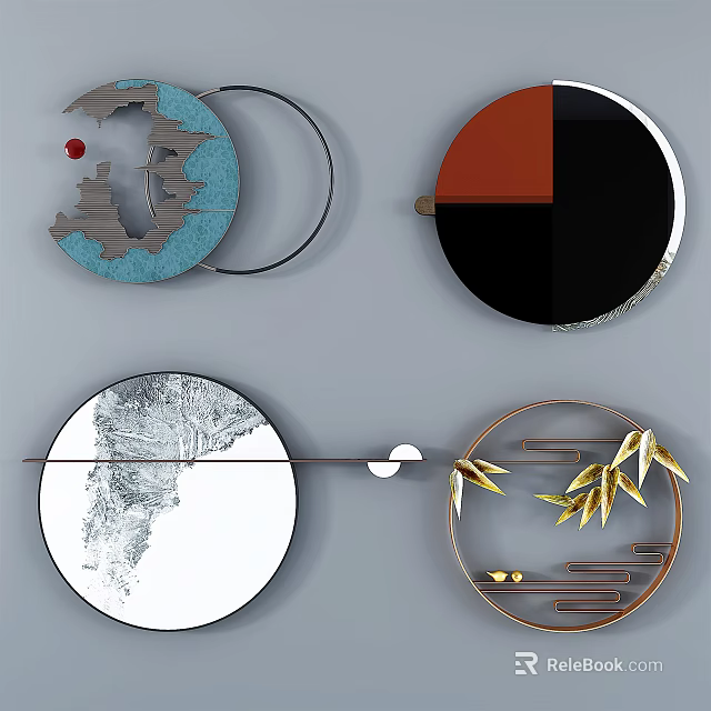 Modern Circular Wall Decor With Bamboo Leaves And Colorful Patterns 3d model