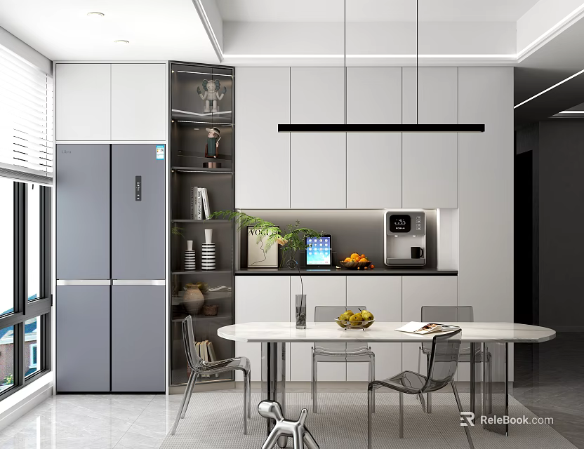 Modern Restaurant Kitchen Interior With White Cabinets Gray Refrigerator And Round Dining Table 3d model 