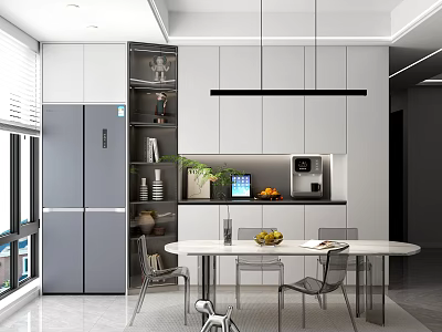 Modern Restaurant Kitchen Interior With White Cabinets Gray Refrigerator And Round Dining Table 3d model