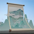 Traditional Chinese Scroll Painting With Landscape Mountains Clouds And Calligraphy