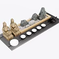 Zen Style Tea Set with Stone Statues Teapot Four Teacups Wooden Tray on Bamboo Mat