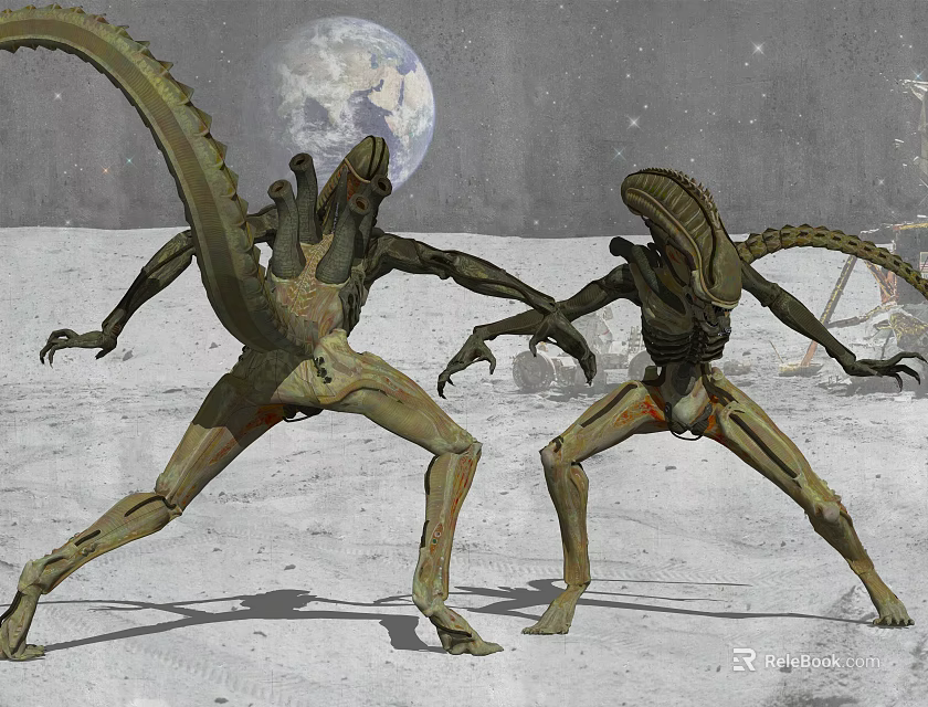 Alien Game or Movie Characters Confronting on Moon Surface with Earth Background 3d model 