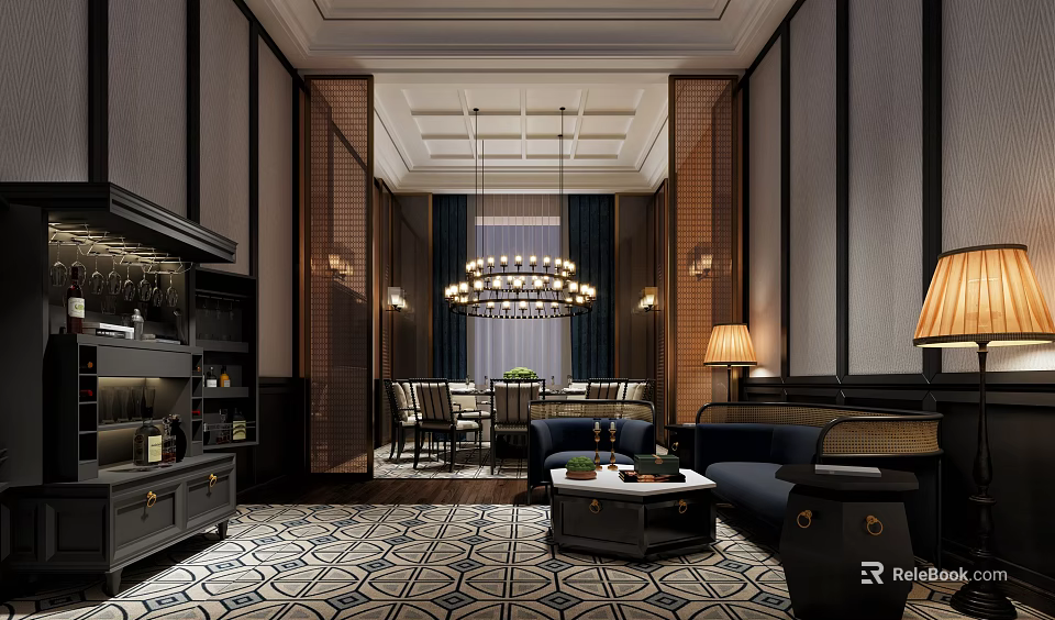 Elegant Private Room Interior With Chandelier Sofa Dining Table And Patterned Rug 3d model