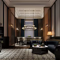 Elegant Private Room Interior With Chandelier Sofa Dining Table And Patterned Rug 3d model