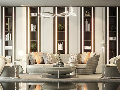 Elegant Modern Living Room Interior With Sofa Coffee Table Chandelier And Decorative Shelves 3d model