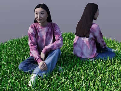 Woman Sitting On Green Grass With Tie Dye Sweater Blue Jeans And Front Back View 3d model