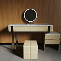 Light Colored Dressing Table With Round Mirror Wooden Wall And Stool Cabinet 3d model