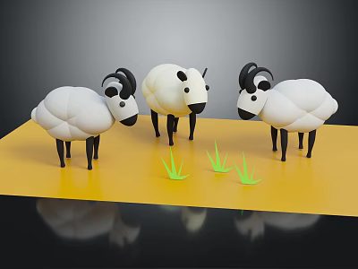 Cartoon Sheep Characters With White Body Black Horns Legs On Yellow Ground With Green Grass 3d model