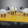 Cartoon Sheep Characters With White Body Black Horns Legs On Yellow Ground With Green Grass