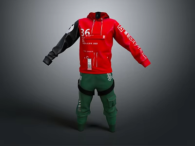 Red Graphic Hoodie With Black Sleeves And Green Cargo Pants Streetwear Outfit 3d model