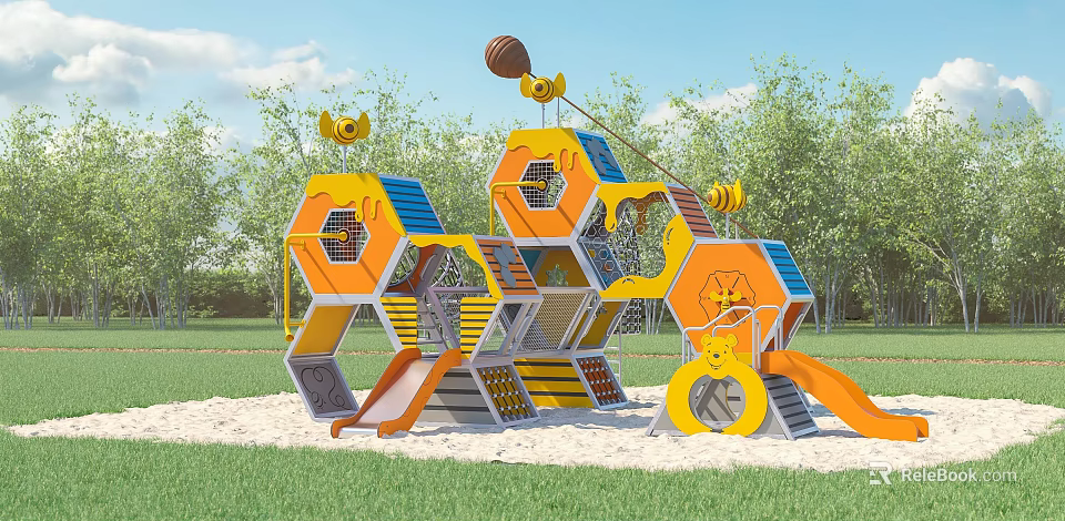 Garden Landscape With Children's Hexagonal Playground Yellow Orange Slides Climbing Frames Green Grass And Trees 3d model 