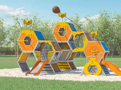 Garden Landscape With Children's Hexagonal Playground Yellow Orange Slides Climbing Frames Green Grass And Trees 3d model
