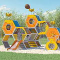 Garden Landscape With Children's Hexagonal Playground Yellow Orange Slides Climbing Frames Green Grass And Trees