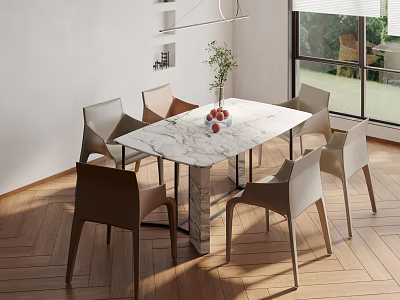 Modern Dining Table Set with Marble Top Six Light Chairs and Floral Vase in Bright Room 3d model