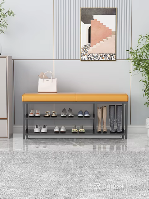 Modern Shoe Bench With Orange Cushion And Black Metal Shoe Storage Shelves 3d model 
