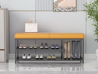 Modern Shoe Bench With Orange Cushion And Black Metal Shoe Storage Shelves 3d model