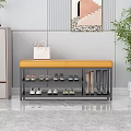 Modern Shoe Bench With Orange Cushion And Black Metal Shoe Storage Shelves