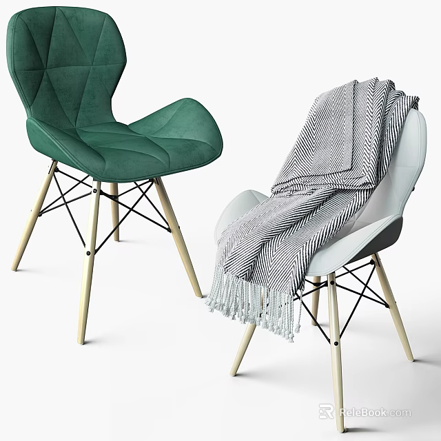 Stylish Green And White Chairs With Gray Blanket And Wooden Legs 3d model 