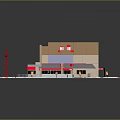 Bingo Hall Building With Red And Beige Exterior Flat Roof Clock Sign Surrounding Lawn And People