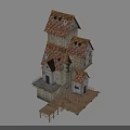 Tall Irregular Multi Level Building With Stone Walls Wooden Platforms And Tiled Roofs